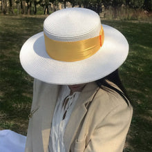Load image into Gallery viewer, White Women Braid straw Hat Big Ribbon Fedora Wide Brim Lady Dress Derby Straw Boater Sun Hat Summer Beach Cap Sailor Trilby Cap