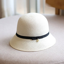Load image into Gallery viewer, Classic Women White Sun Hat Wide Brim Summer Hat Ladies Soft Trilby Black Ribbon Bucket Panama Straw Fedora Wedding Derby Hat