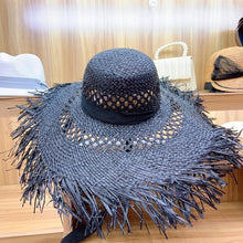 Load image into Gallery viewer, Big Brim Raffia Sun Hat Hollow Out Ribbon Summer Beach Hat Elegant Floppy Fedora Straw Hat UV Protection Fringed Sun Derby Cap
