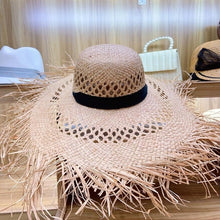 Load image into Gallery viewer, Big Brim Raffia Sun Hat Hollow Out Ribbon Summer Beach Hat Elegant Floppy Fedora Straw Hat UV Protection Fringed Sun Derby Cap
