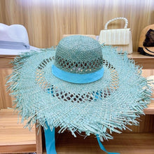 Load image into Gallery viewer, Big Brim Raffia Sun Hat Hollow Out Ribbon Summer Beach Hat Elegant Floppy Fedora Straw Hat UV Protection Fringed Sun Derby Cap
