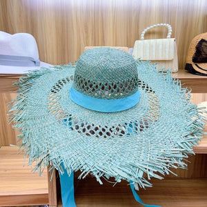 Big Brim Raffia Sun Hat Hollow Out Ribbon Summer Beach Hat 