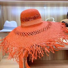 Load image into Gallery viewer, Big Brim Raffia Sun Hat Hollow Out Ribbon Summer Beach Hat Elegant Floppy Fedora Straw Hat UV Protection Fringed Sun Derby Cap
