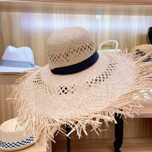 Load image into Gallery viewer, Big Brim Raffia Sun Hat Hollow Out Ribbon Summer Beach Hat Elegant Floppy Fedora Straw Hat UV Protection Fringed Sun Derby Cap
