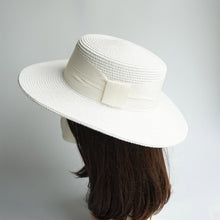 Load image into Gallery viewer, White Women Braid straw Hat Big Ribbon Fedora Wide Brim Lady Dress Derby Straw Boater Sun Hat Summer Beach Cap Sailor Trilby Cap
