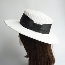 Load image into Gallery viewer, White Women Braid straw Hat Big Ribbon Fedora Wide Brim Lady Dress Derby Straw Boater Sun Hat Summer Beach Cap Sailor Trilby Cap
