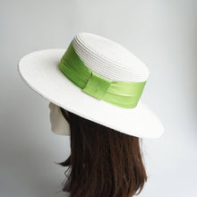 Load image into Gallery viewer, White Women Braid straw Hat Big Ribbon Fedora Wide Brim Lady Dress Derby Straw Boater Sun Hat Summer Beach Cap Sailor Trilby Cap
