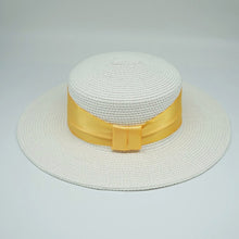Load image into Gallery viewer, White Women Braid straw Hat Big Ribbon Fedora Wide Brim Lady Dress Derby Straw Boater Sun Hat Summer Beach Cap Sailor Trilby Cap
