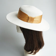 Load image into Gallery viewer, White Women Braid straw Hat Big Ribbon Fedora Wide Brim Lady Dress Derby Straw Boater Sun Hat Summer Beach Cap Sailor Trilby Cap

