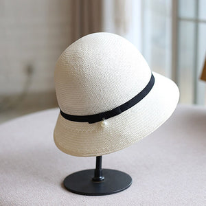 Classic Women White Sun Hat Wide Brim Summer Hat Ladies Soft Trilby Black Ribbon Bucket Panama Straw Fedora Wedding Derby Hat